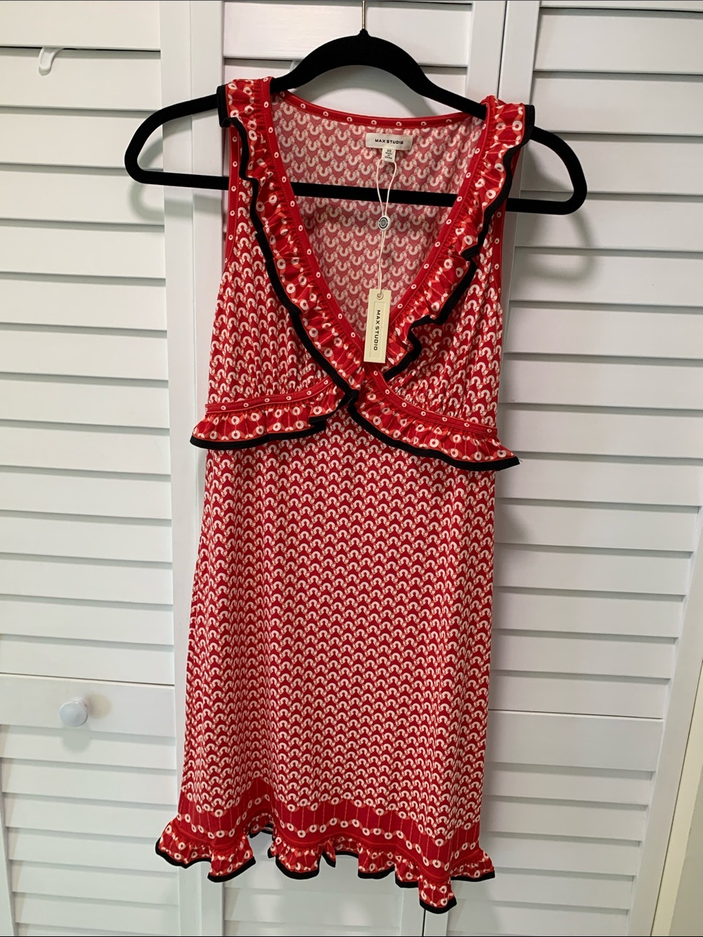Max Studio Red Printed Ruffle V-Neck Women's Dress